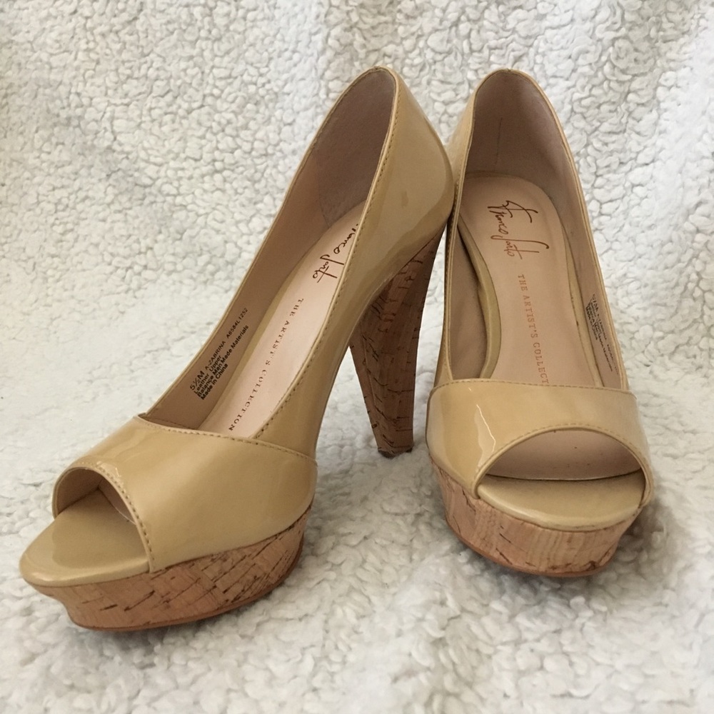 Franco Sarto nude patent platform open-toe heels.